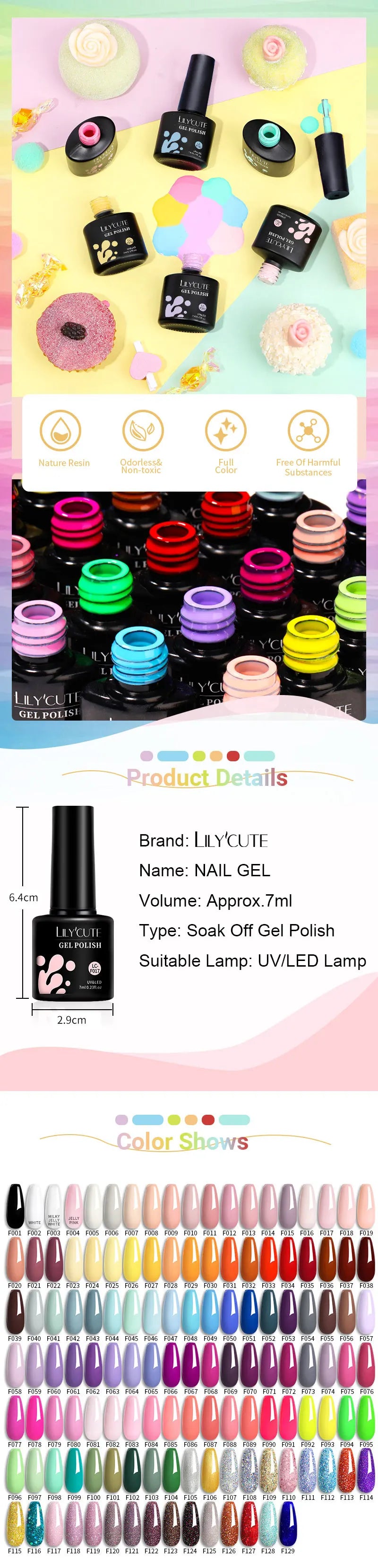 LILYCUTE 6Pcs 7ML Gel DIY Nails Polish Set Bright Pink Nail Charms Soak Off UV LED Gel Varnish Nail Art Design Accessories