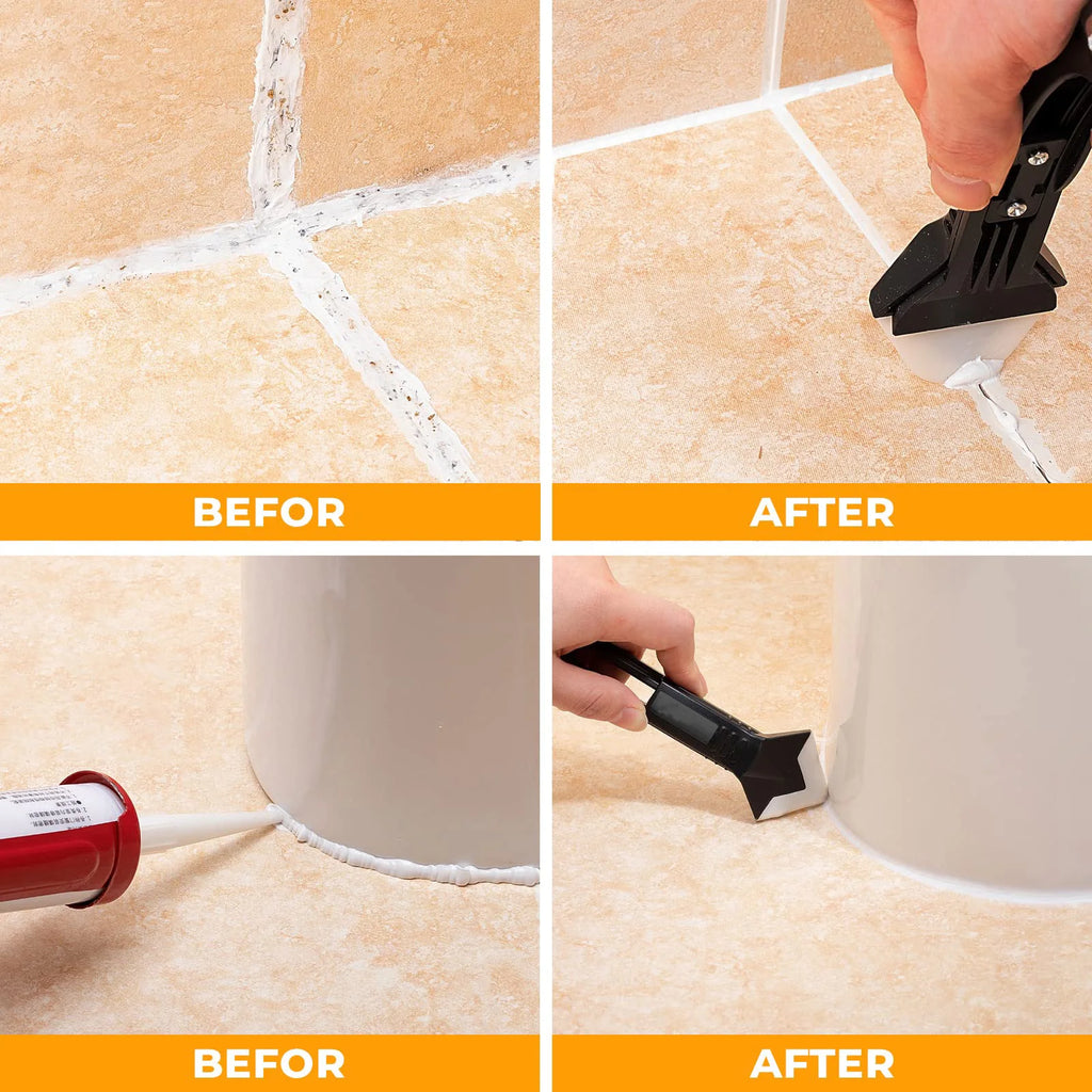 5 in 1 Metal Head Shovel Glue Tool Kit: Silicone Spatula, Caulk Remover, Grout Removal, Sealant Finishing & Corner Scrap