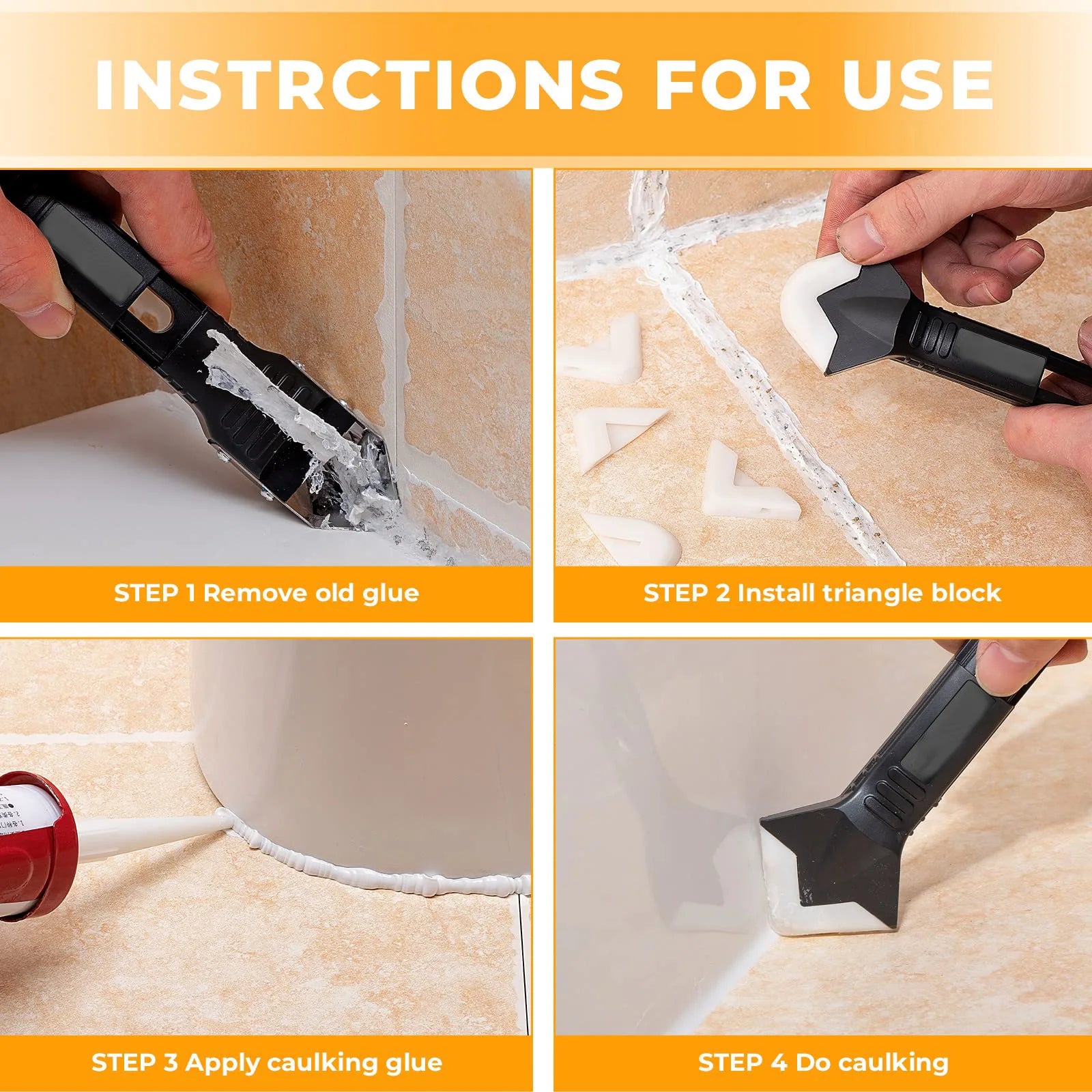 5 in 1 Metal Head Shovel Glue Tool Kit: Silicone Spatula, Caulk Remover, Grout Removal, Sealant Finishing & Corner Scrap