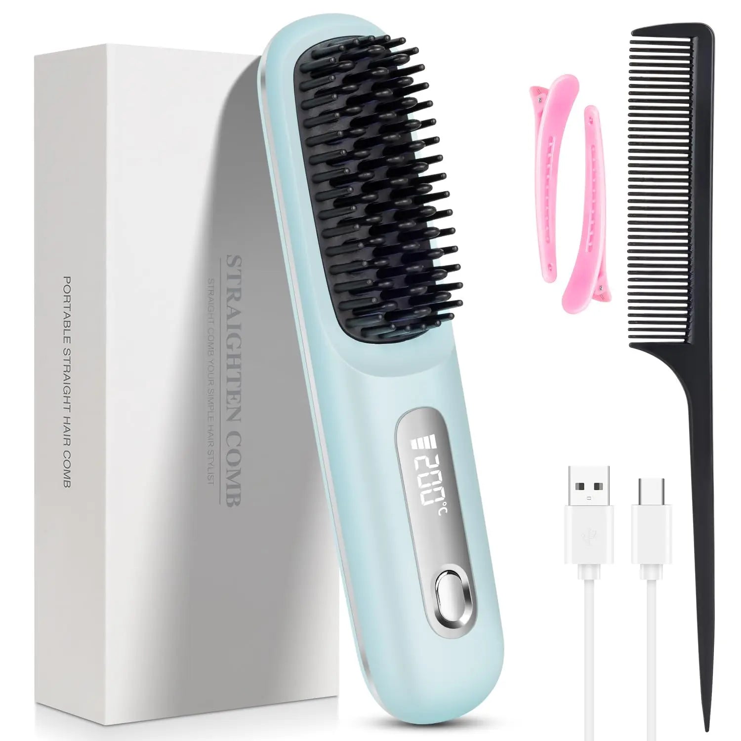 Portable Hair Straightener Brush Cordless USB Charging Straightening Comb LED Display & Ceramic Coating, Ionic Technology
