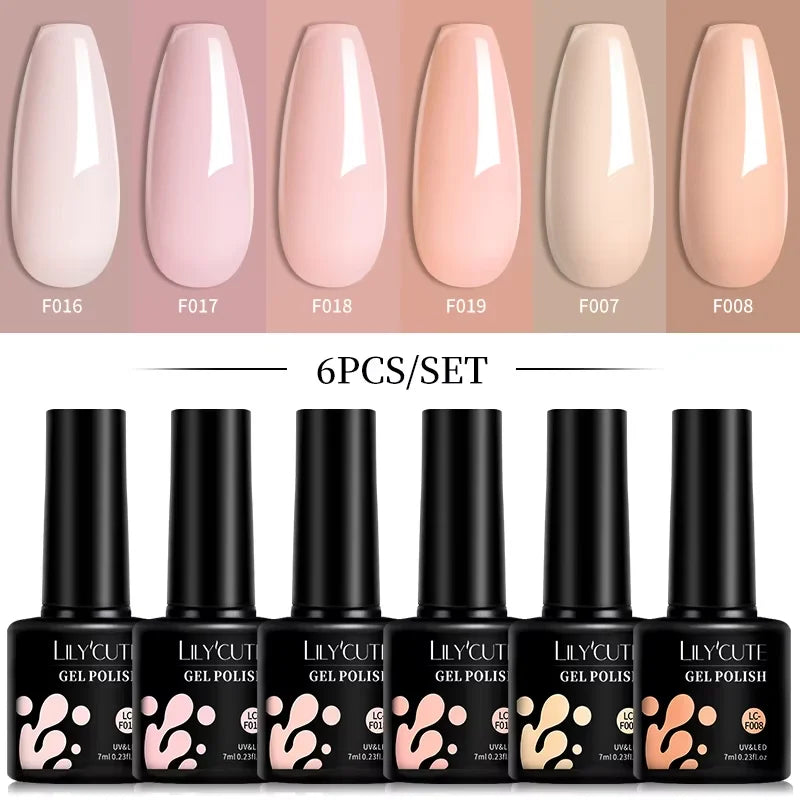 LILYCUTE 6Pcs 7ML Gel DIY Nails Polish Set Bright Pink Nail Charms Soak Off UV LED Gel Varnish Nail Art Design Accessories