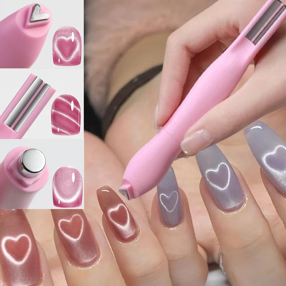 1Pcs 3-In-1 Heart Shape Cat Eye Nail Art Magnet Double Line Moon Snake French Magnet Pen for Magnetic Gel Polish Manicure Tools